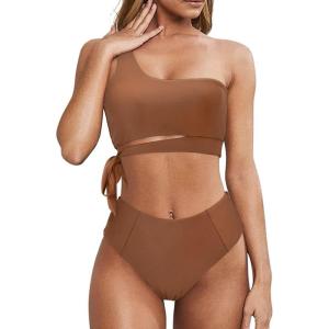 imageMOOSLOVER Women One Shoulder High Waisted Bikini Tie High Cut Two Piece SwimsuitsCoffee