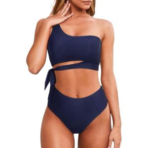 imageMOOSLOVER Women One Shoulder High Waisted Bikini Tie High Cut Two Piece SwimsuitsDark Blue