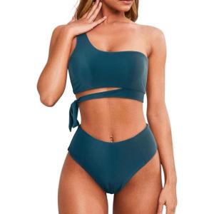 imageMOOSLOVER Women One Shoulder High Waisted Bikini Tie High Cut Two Piece SwimsuitsNavy Blue