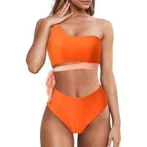 imageMOOSLOVER Women One Shoulder High Waisted Bikini Tie High Cut Two Piece SwimsuitsOrange