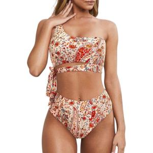 imageMOOSLOVER Women One Shoulder High Waisted Bikini Tie High Cut Two Piece SwimsuitsOrange Flower