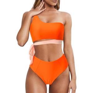 imageMOOSLOVER Women One Shoulder High Waisted Bikini Tie High Cut Two Piece SwimsuitsOrange17