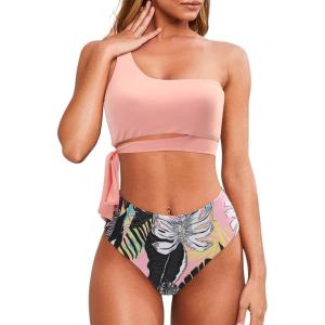 imageMOOSLOVER Women One Shoulder High Waisted Bikini Tie High Cut Two Piece SwimsuitsPink Flower