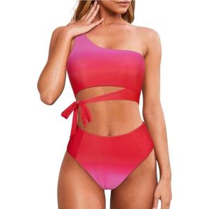 imageMOOSLOVER Women One Shoulder High Waisted Bikini Tie High Cut Two Piece SwimsuitsPink Gradient