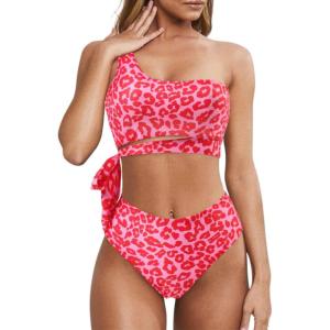 imageMOOSLOVER Women One Shoulder High Waisted Bikini Tie High Cut Two Piece SwimsuitsPink Leopard