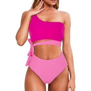 imageMOOSLOVER Women One Shoulder High Waisted Bikini Tie High Cut Two Piece SwimsuitsPink Rose15