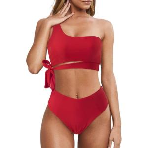 imageMOOSLOVER Women One Shoulder High Waisted Bikini Tie High Cut Two Piece SwimsuitsRed