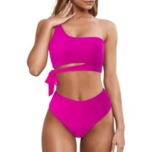 imageMOOSLOVER Women One Shoulder High Waisted Bikini Tie High Cut Two Piece SwimsuitsRose Red