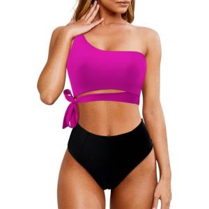imageMOOSLOVER Women One Shoulder High Waisted Bikini Tie High Cut Two Piece SwimsuitsRose Redblack