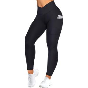 imageMOOSLOVER Women V Cross Waist Butt Lifting Leggings with Pockets High Waisted Yoga Pants2 Black713