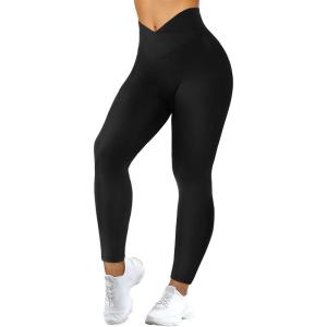imageMOOSLOVER Women V Cross Waist Butt Lifting Leggings with Pockets High Waisted Yoga PantsBlack