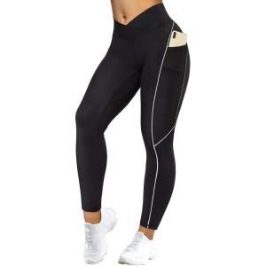 imageMOOSLOVER Women V Cross Waist Butt Lifting Leggings with Pockets High Waisted Yoga PantsBlack635
