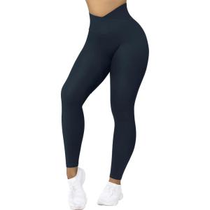 imageMOOSLOVER Women V Cross Waist Butt Lifting Leggings with Pockets High Waisted Yoga PantsBlue Ashes