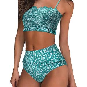 imageMOOSLOVER Womens Shirred Bandeau Bikini Top High Waisted Bottom 2 Piece Swimsuits Bikini SetFlower2