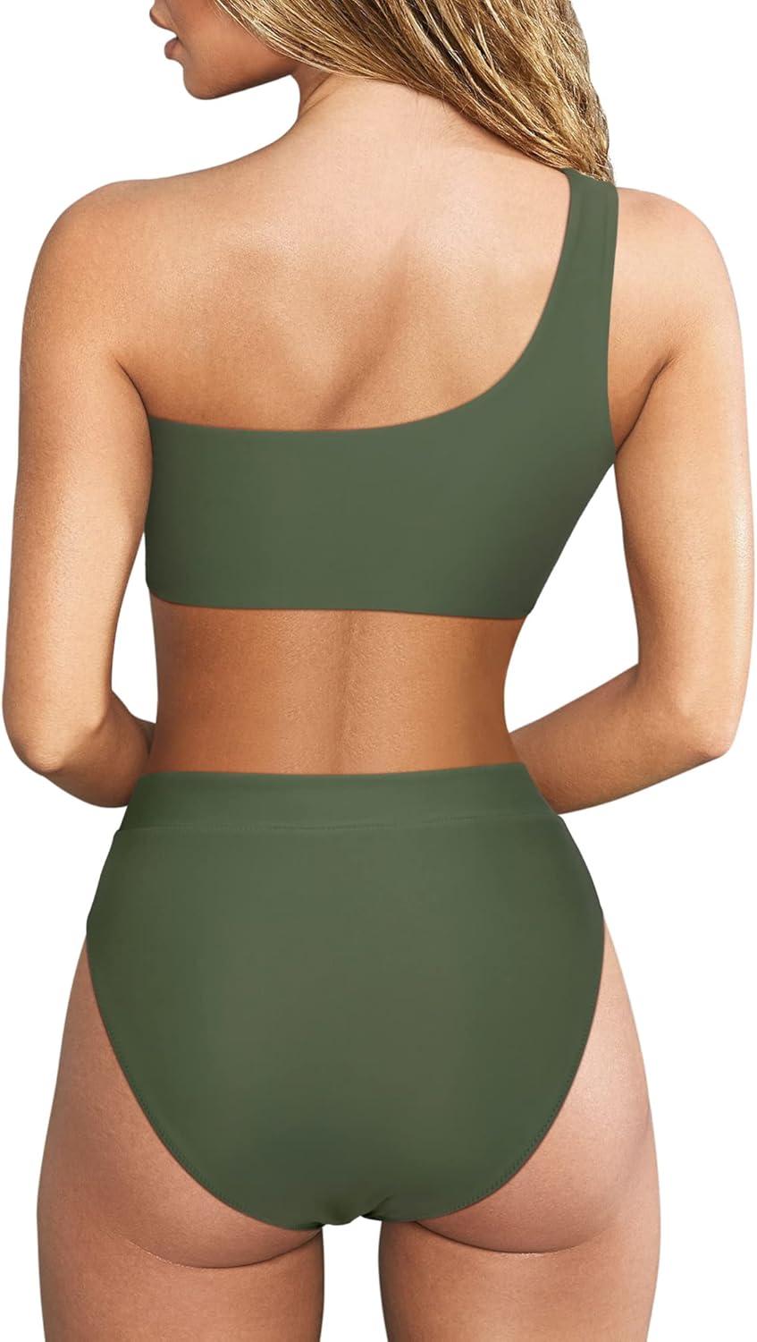 imageMOOSLOVER Women Cutout One Shoulder High Waisted Bikini High Cut Two Piece SwimsuitsArmy Green