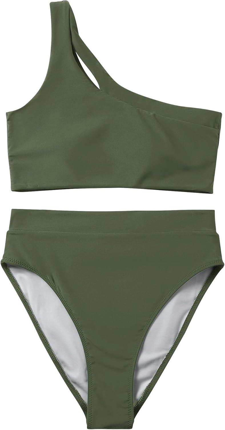 imageMOOSLOVER Women Cutout One Shoulder High Waisted Bikini High Cut Two Piece SwimsuitsArmy Green