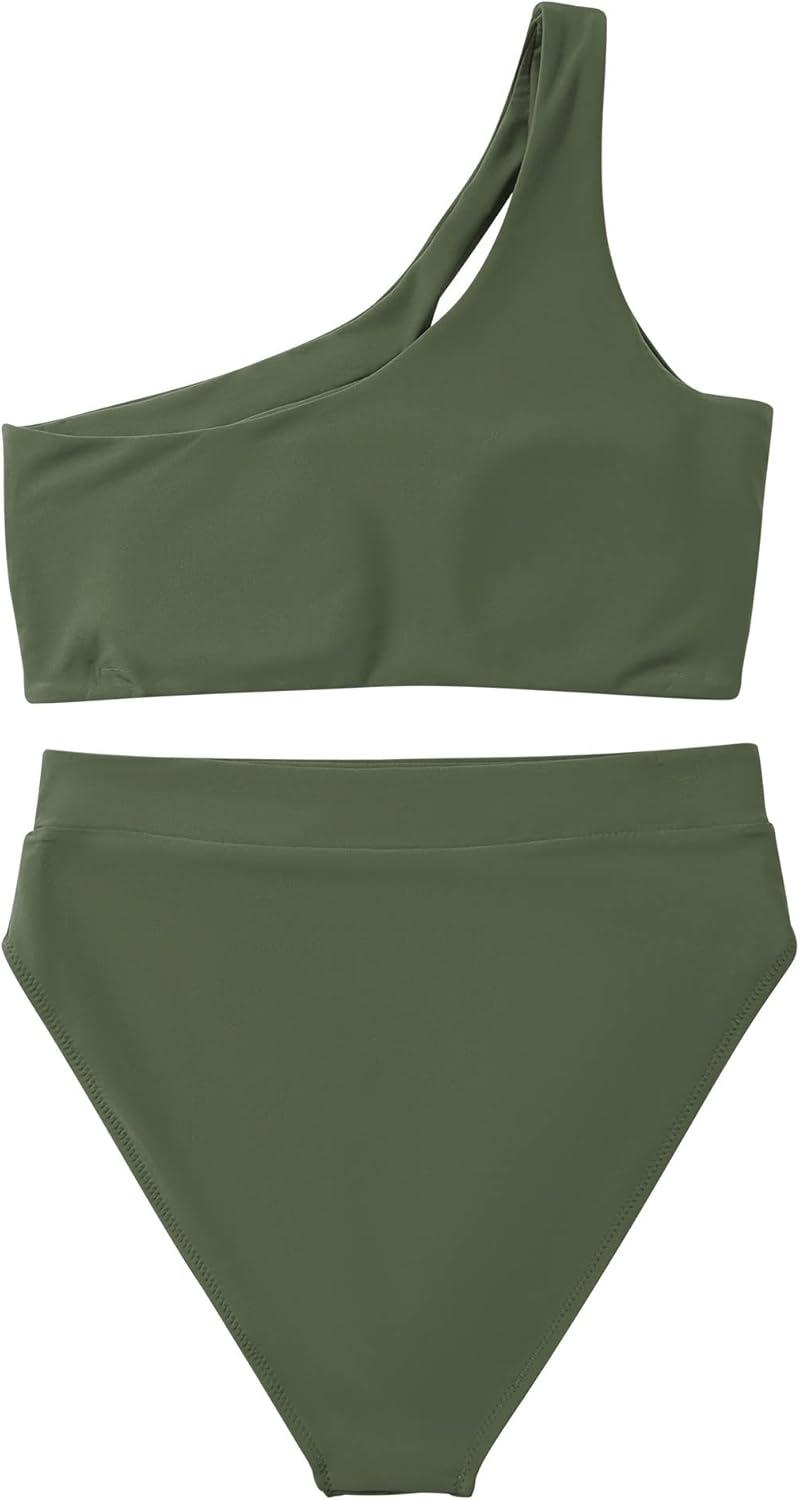 imageMOOSLOVER Women Cutout One Shoulder High Waisted Bikini High Cut Two Piece SwimsuitsArmy Green