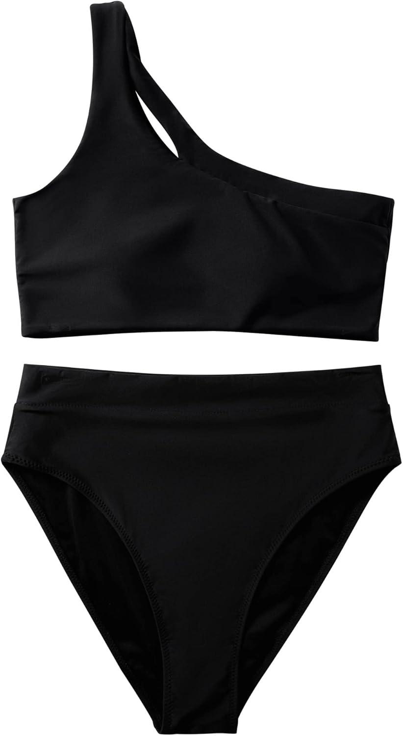 imageMOOSLOVER Women Cutout One Shoulder High Waisted Bikini High Cut Two Piece SwimsuitsBlack