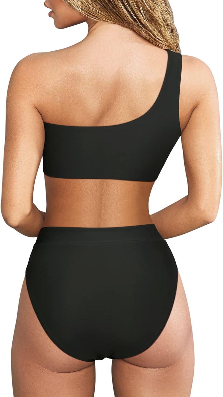 imageMOOSLOVER Women Cutout One Shoulder High Waisted Bikini High Cut Two Piece SwimsuitsBlack