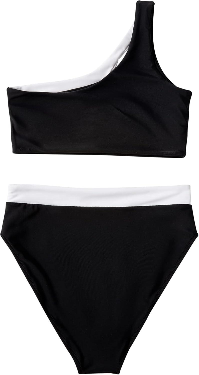 imageMOOSLOVER Women Cutout One Shoulder High Waisted Bikini High Cut Two Piece SwimsuitsBlack White