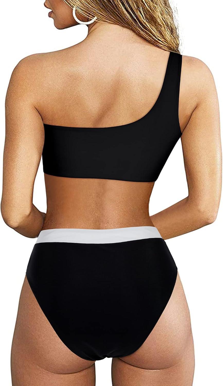imageMOOSLOVER Women Cutout One Shoulder High Waisted Bikini High Cut Two Piece SwimsuitsBlack White