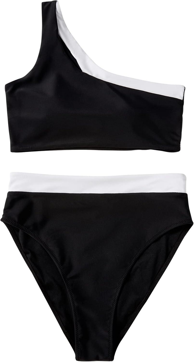 imageMOOSLOVER Women Cutout One Shoulder High Waisted Bikini High Cut Two Piece SwimsuitsBlack White