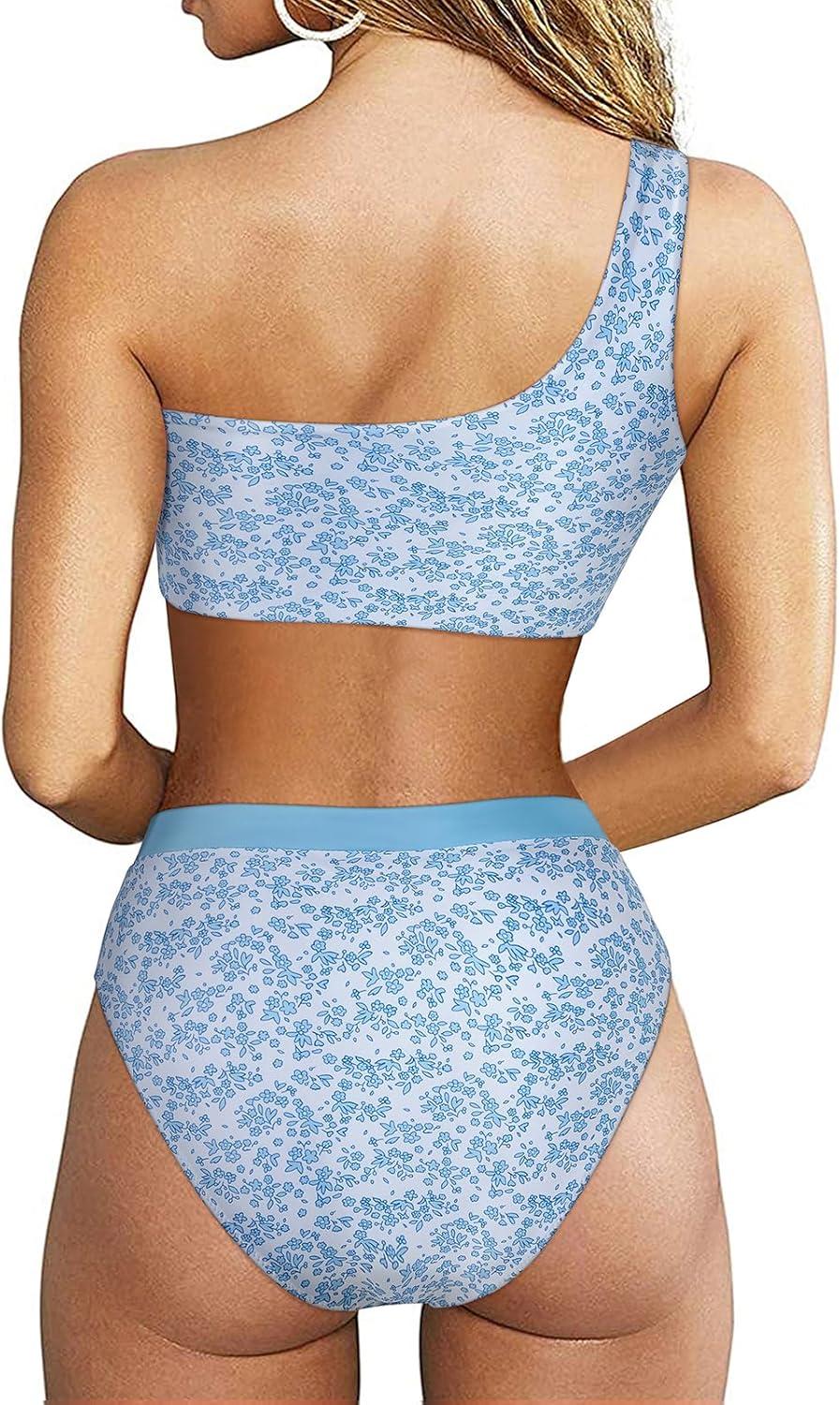 imageMOOSLOVER Women Cutout One Shoulder High Waisted Bikini High Cut Two Piece SwimsuitsBlue Floral23