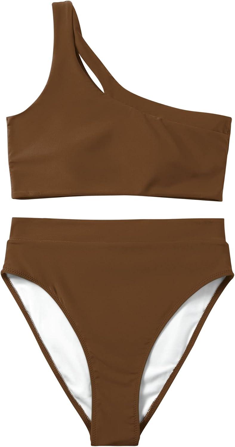 imageMOOSLOVER Women Cutout One Shoulder High Waisted Bikini High Cut Two Piece SwimsuitsCoffee