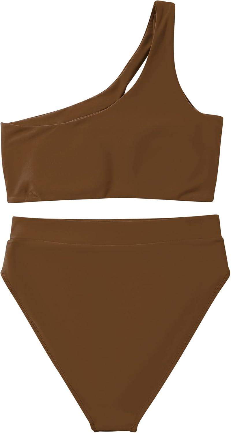 imageMOOSLOVER Women Cutout One Shoulder High Waisted Bikini High Cut Two Piece SwimsuitsCoffee