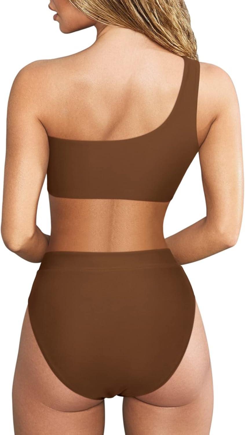 imageMOOSLOVER Women Cutout One Shoulder High Waisted Bikini High Cut Two Piece SwimsuitsCoffee