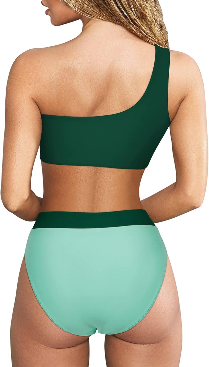 imageMOOSLOVER Women Cutout One Shoulder High Waisted Bikini High Cut Two Piece SwimsuitsDark Green14