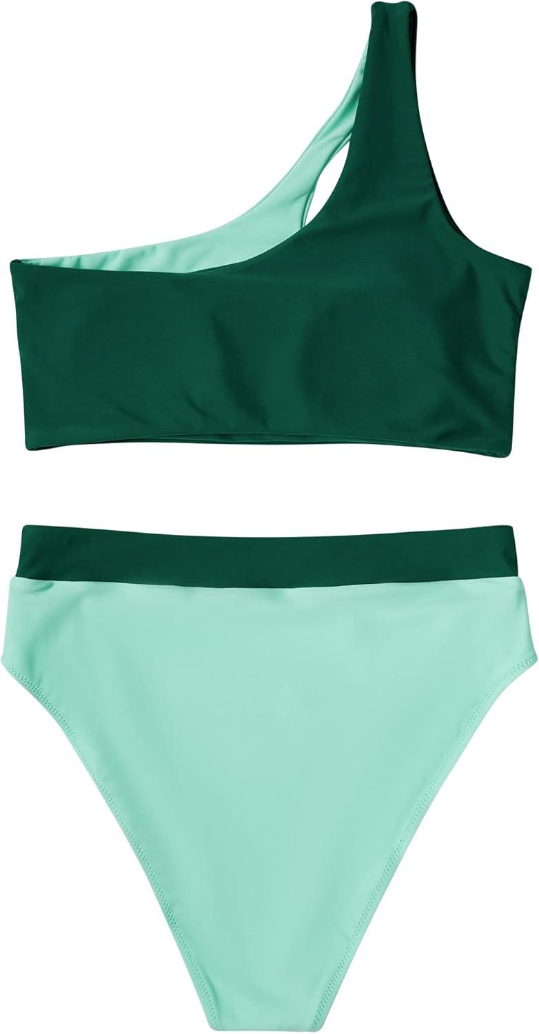 imageMOOSLOVER Women Cutout One Shoulder High Waisted Bikini High Cut Two Piece SwimsuitsDark Green14