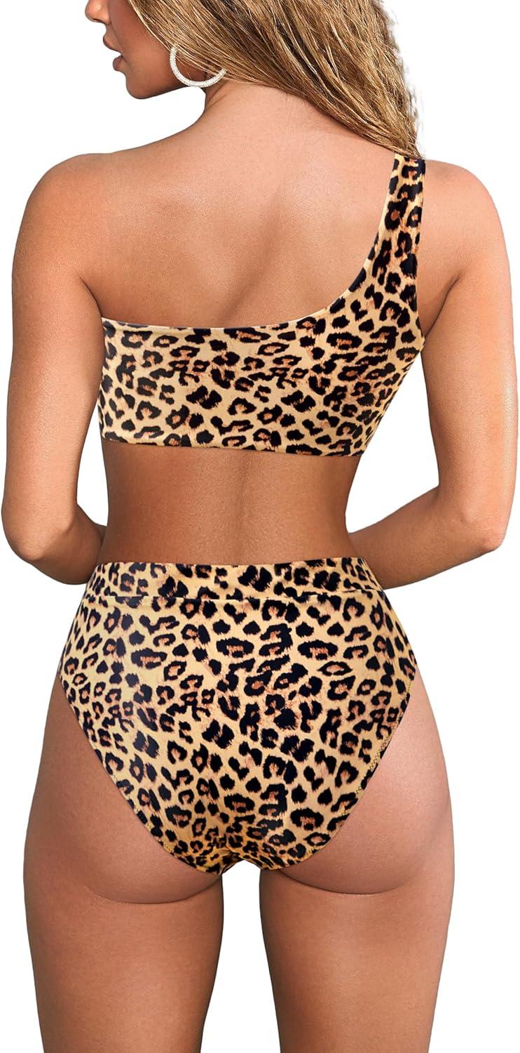 imageMOOSLOVER Women Cutout One Shoulder High Waisted Bikini High Cut Two Piece SwimsuitsLeopard24