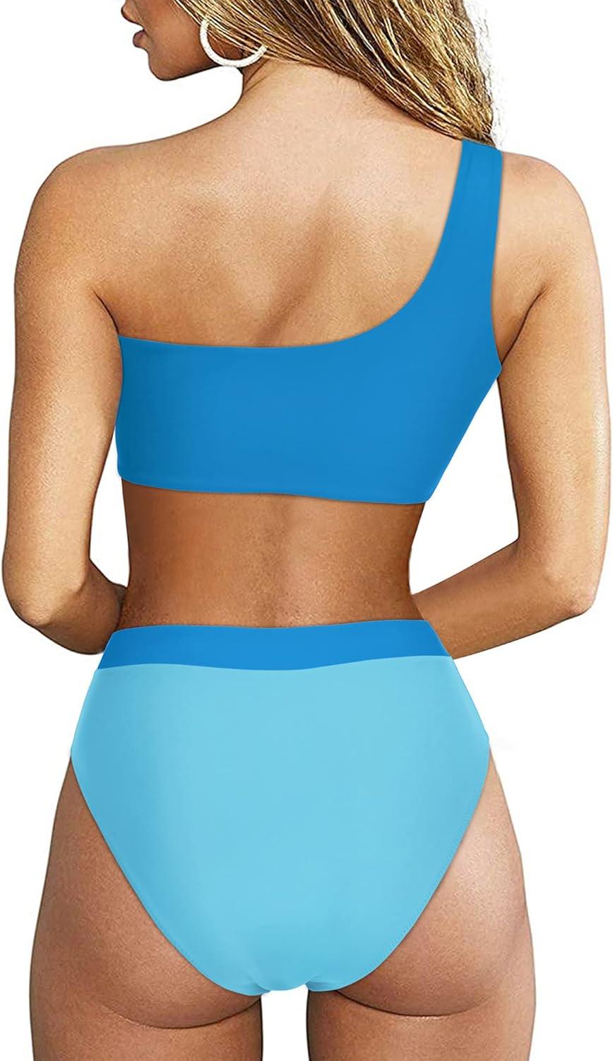 imageMOOSLOVER Women Cutout One Shoulder High Waisted Bikini High Cut Two Piece SwimsuitsLight Blue