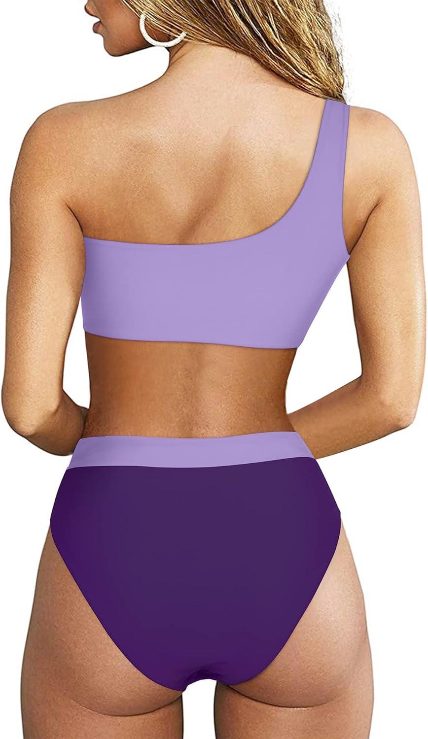 imageMOOSLOVER Women Cutout One Shoulder High Waisted Bikini High Cut Two Piece SwimsuitsLight Purple11