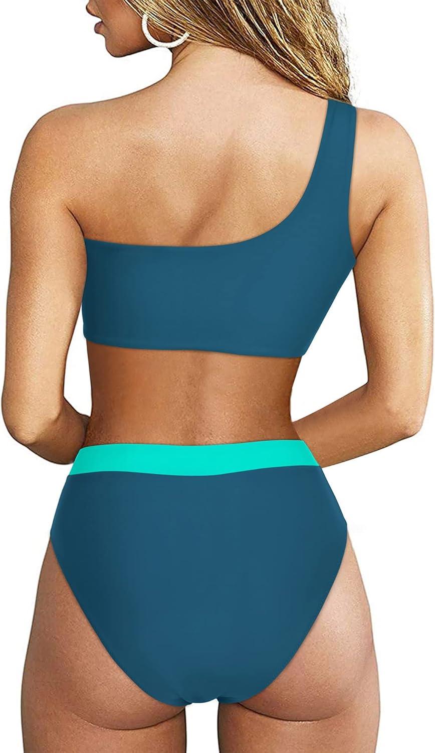 imageMOOSLOVER Women Cutout One Shoulder High Waisted Bikini High Cut Two Piece SwimsuitsNavy Blue