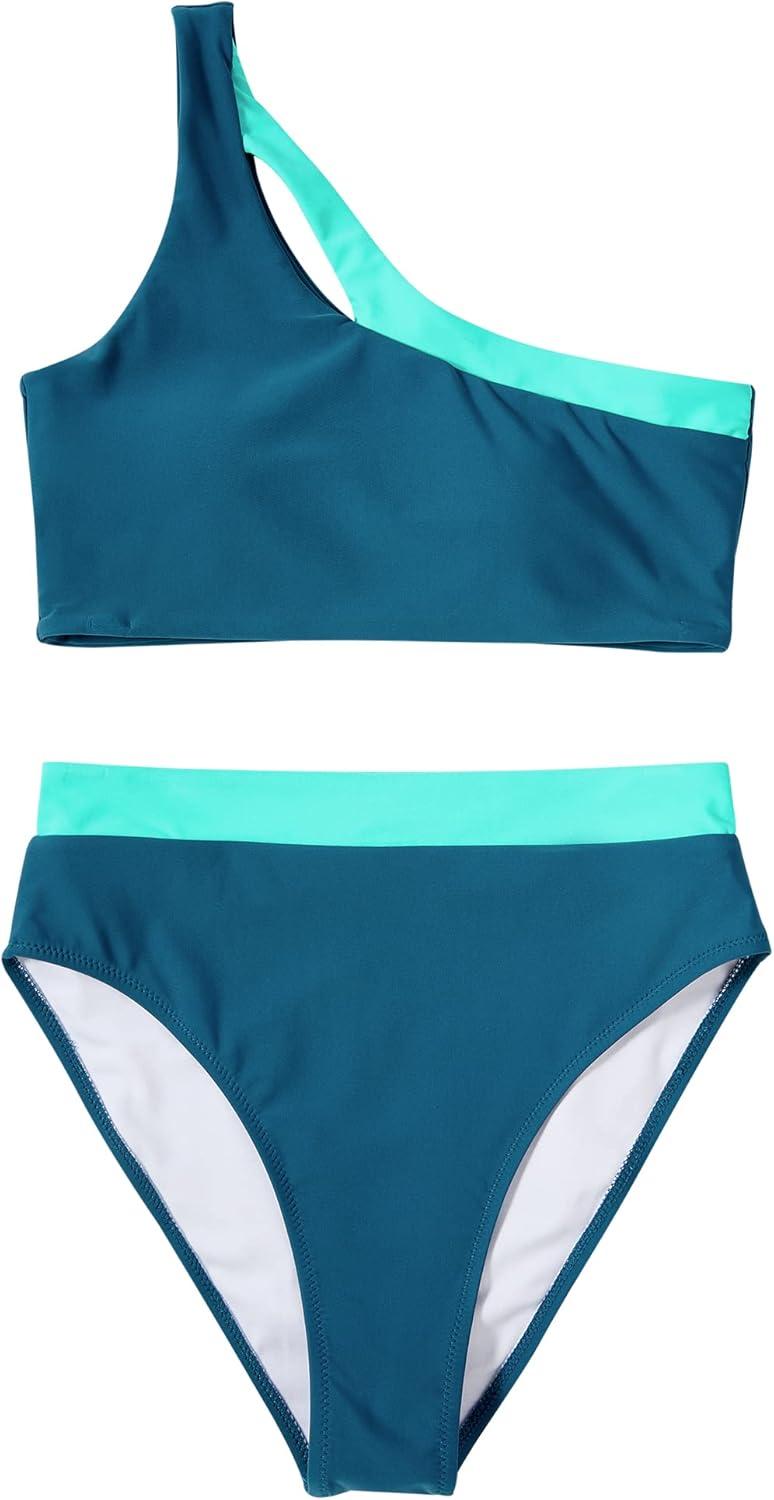 imageMOOSLOVER Women Cutout One Shoulder High Waisted Bikini High Cut Two Piece SwimsuitsNavy Blue