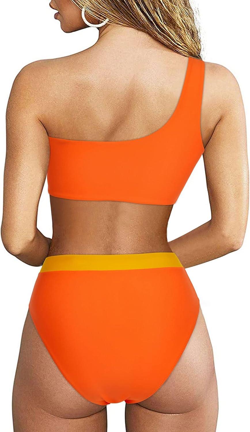imageMOOSLOVER Women Cutout One Shoulder High Waisted Bikini High Cut Two Piece SwimsuitsOrange Yellow