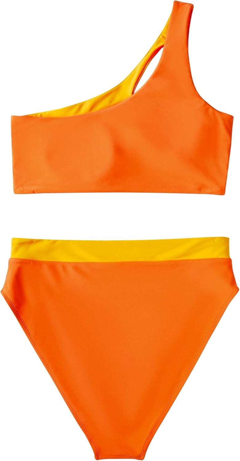 imageMOOSLOVER Women Cutout One Shoulder High Waisted Bikini High Cut Two Piece SwimsuitsOrange Yellow