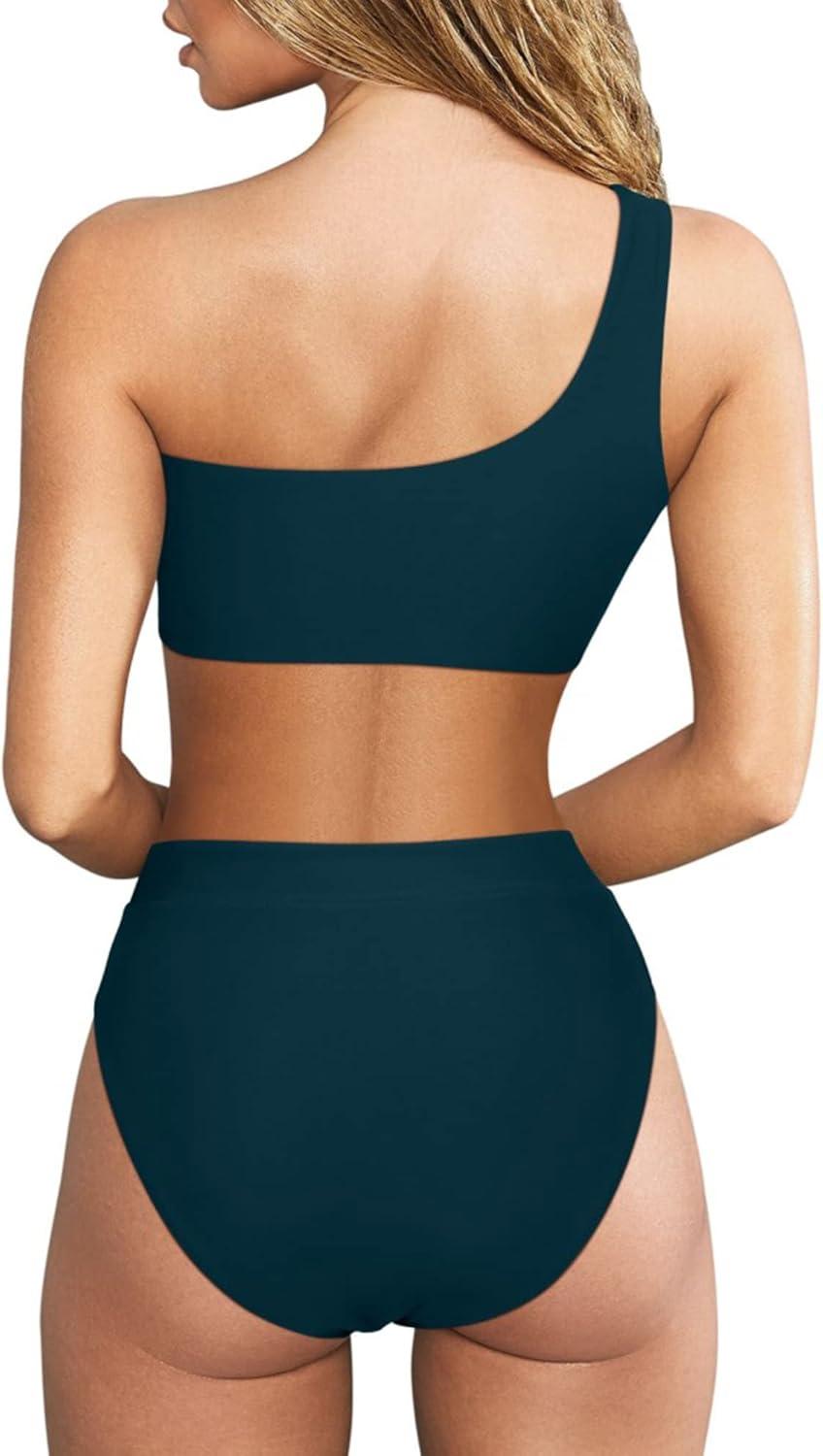 imageMOOSLOVER Women Cutout One Shoulder High Waisted Bikini High Cut Two Piece SwimsuitsPeacock Blue
