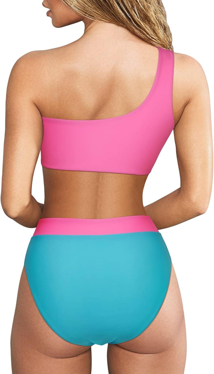 imageMOOSLOVER Women Cutout One Shoulder High Waisted Bikini High Cut Two Piece SwimsuitsPink Blue13