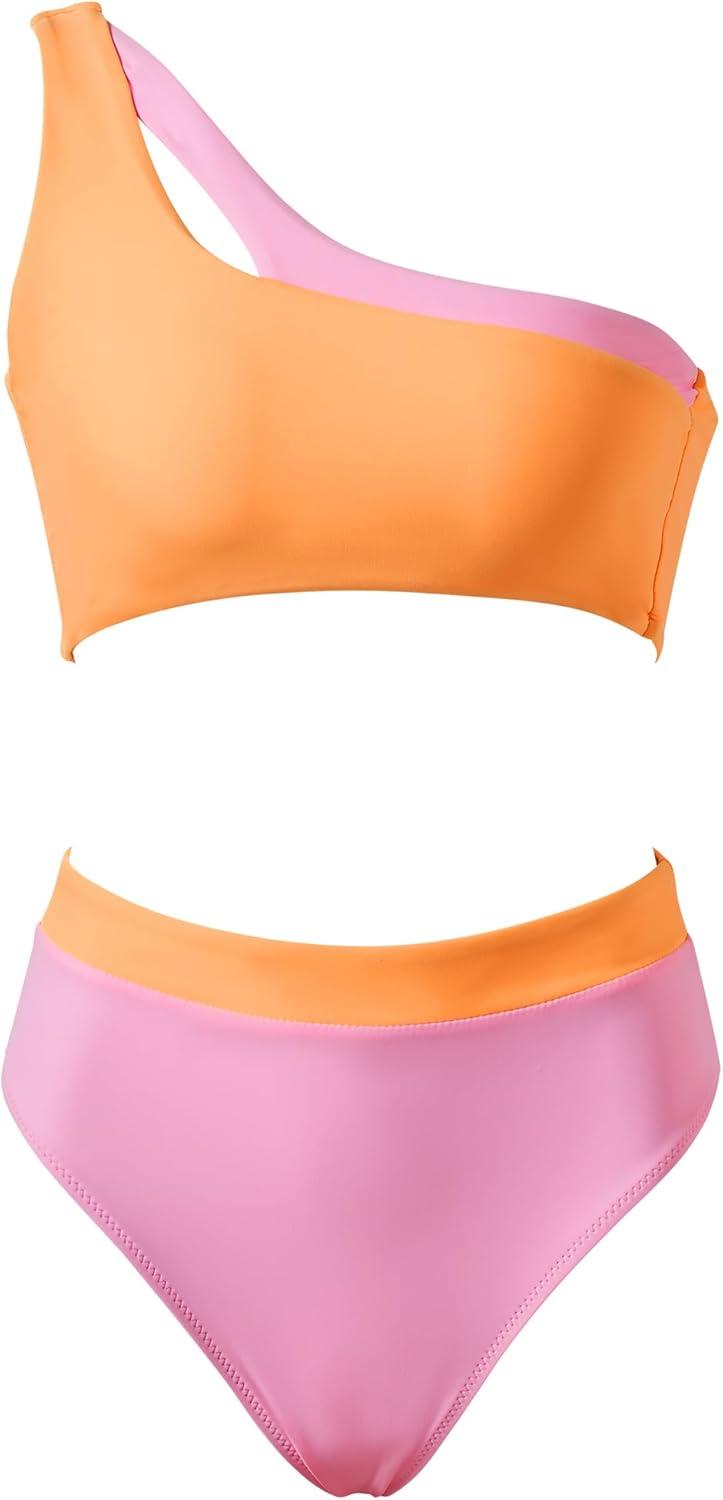 imageMOOSLOVER Women Cutout One Shoulder High Waisted Bikini High Cut Two Piece SwimsuitsPink Orange20