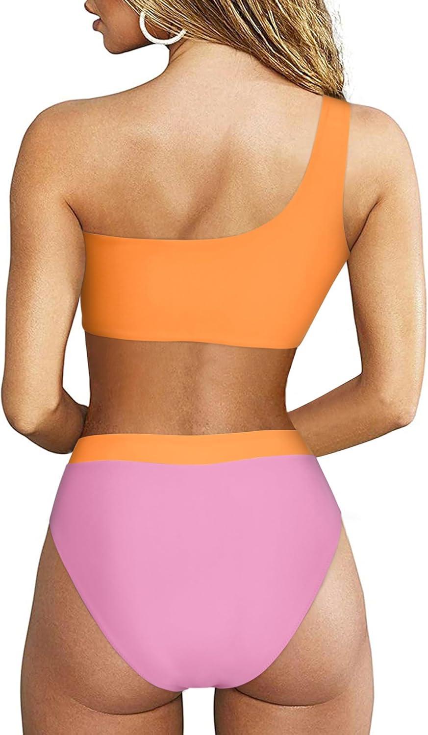 imageMOOSLOVER Women Cutout One Shoulder High Waisted Bikini High Cut Two Piece SwimsuitsPink Orange20