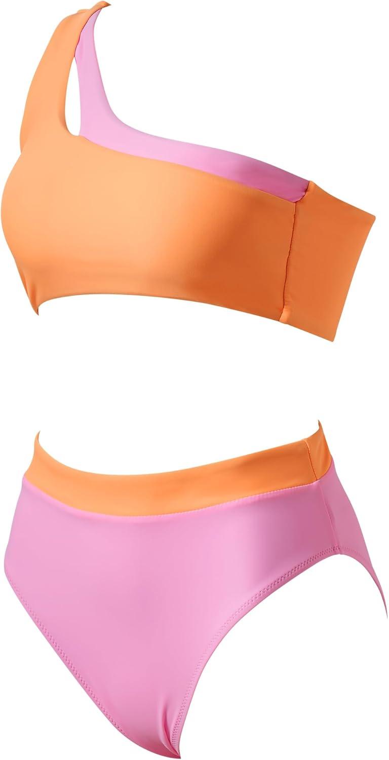 imageMOOSLOVER Women Cutout One Shoulder High Waisted Bikini High Cut Two Piece SwimsuitsPink Orange20