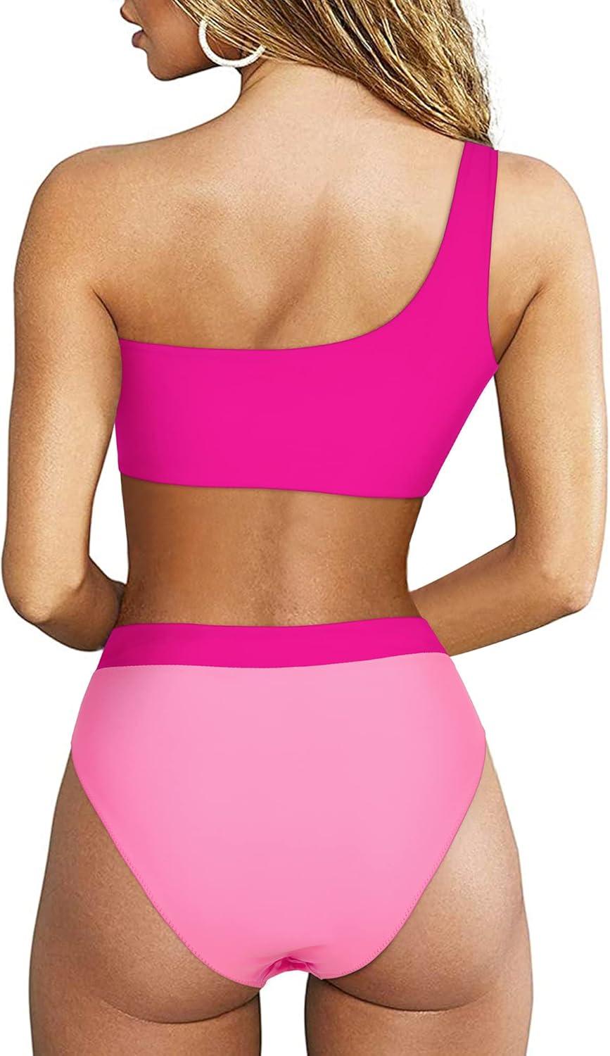 imageMOOSLOVER Women Cutout One Shoulder High Waisted Bikini High Cut Two Piece SwimsuitsPink Rose