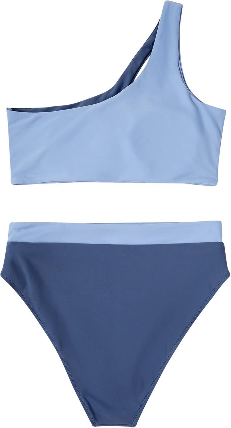 imageMOOSLOVER Women Cutout One Shoulder High Waisted Bikini High Cut Two Piece SwimsuitsPurple Blue