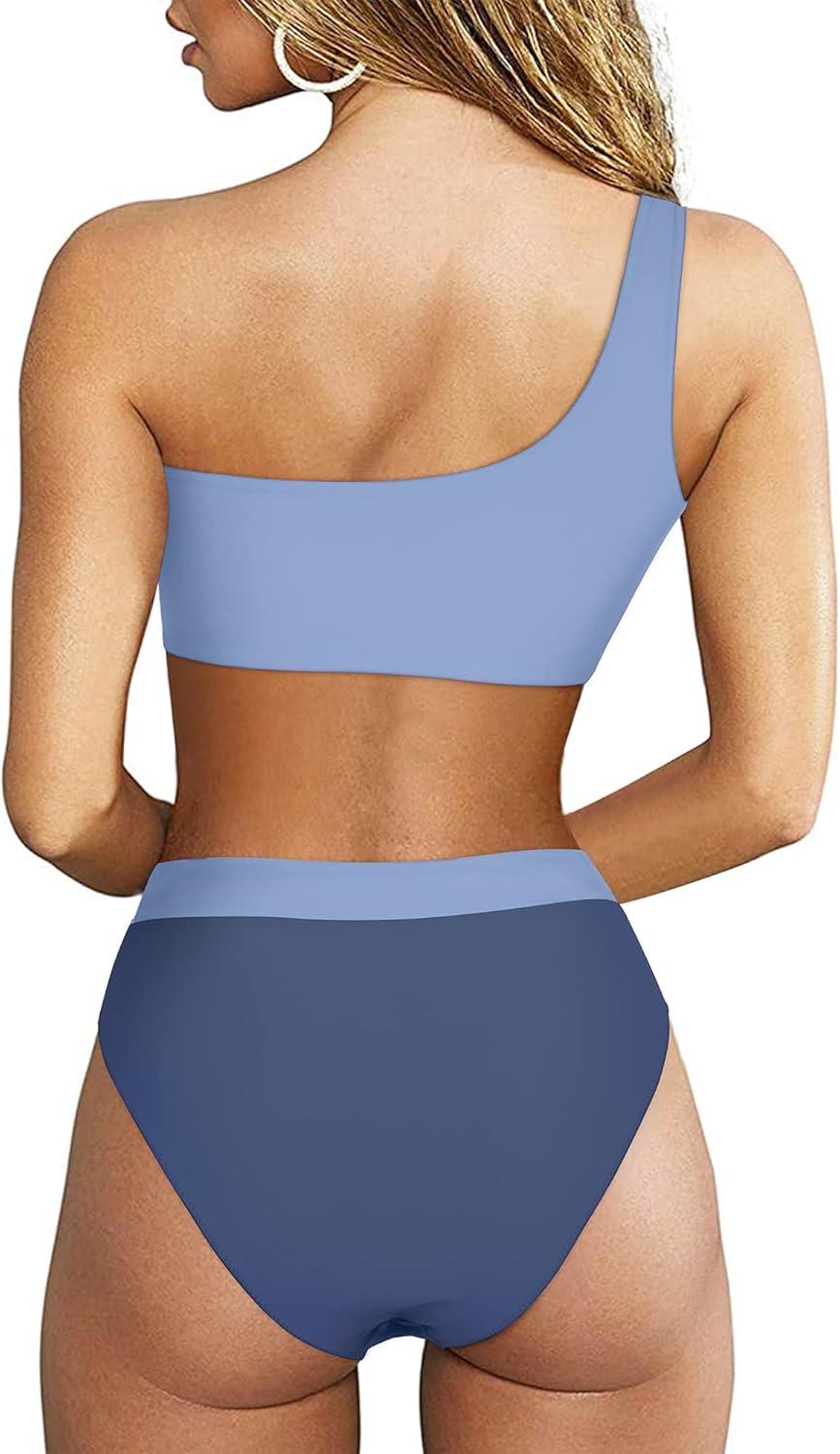 imageMOOSLOVER Women Cutout One Shoulder High Waisted Bikini High Cut Two Piece SwimsuitsPurple Blue