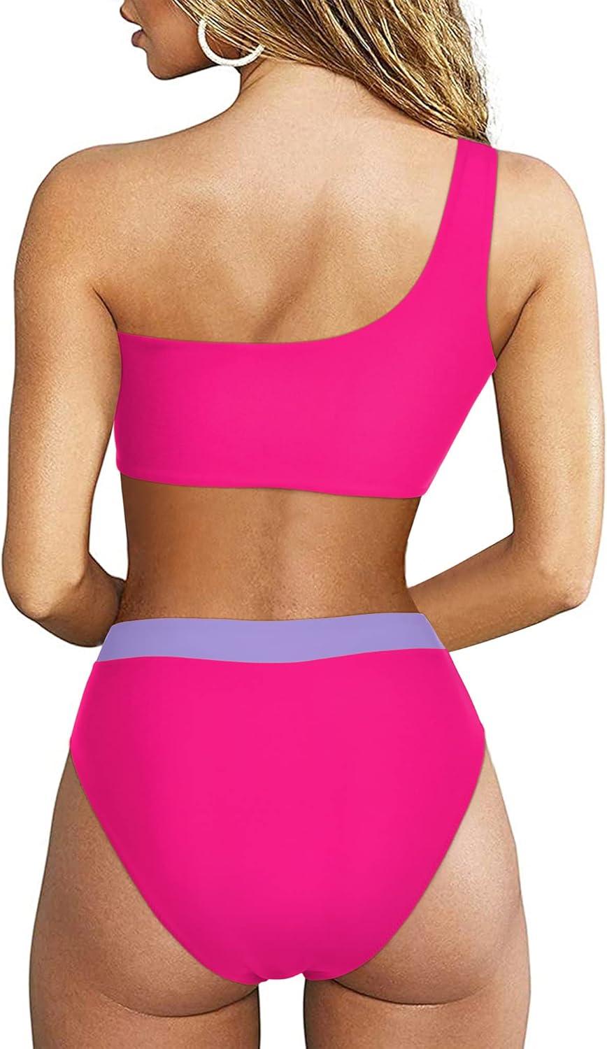 imageMOOSLOVER Women Cutout One Shoulder High Waisted Bikini High Cut Two Piece SwimsuitsPurple Rose17