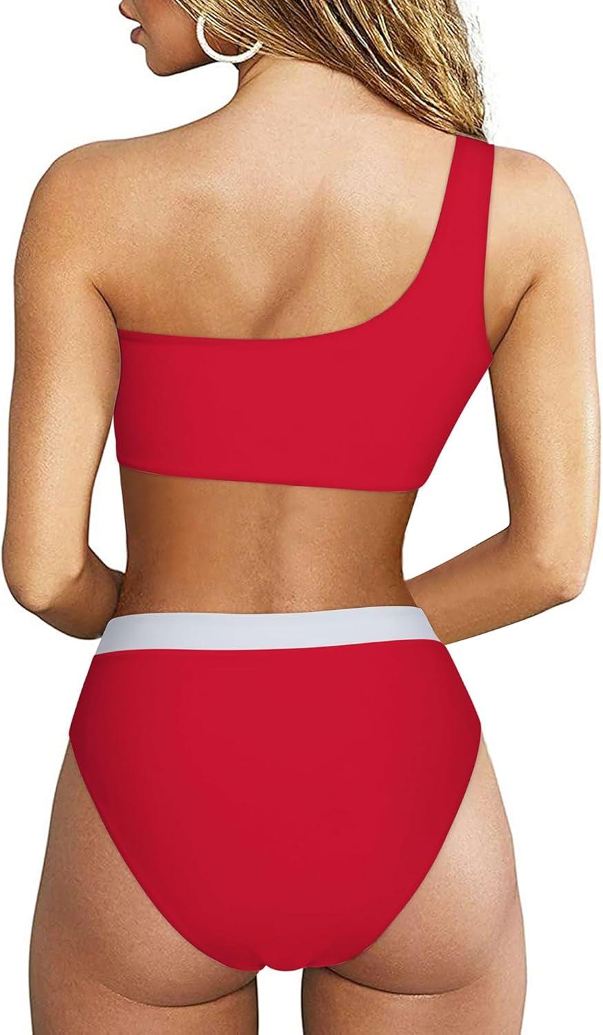 imageMOOSLOVER Women Cutout One Shoulder High Waisted Bikini High Cut Two Piece SwimsuitsRed White21
