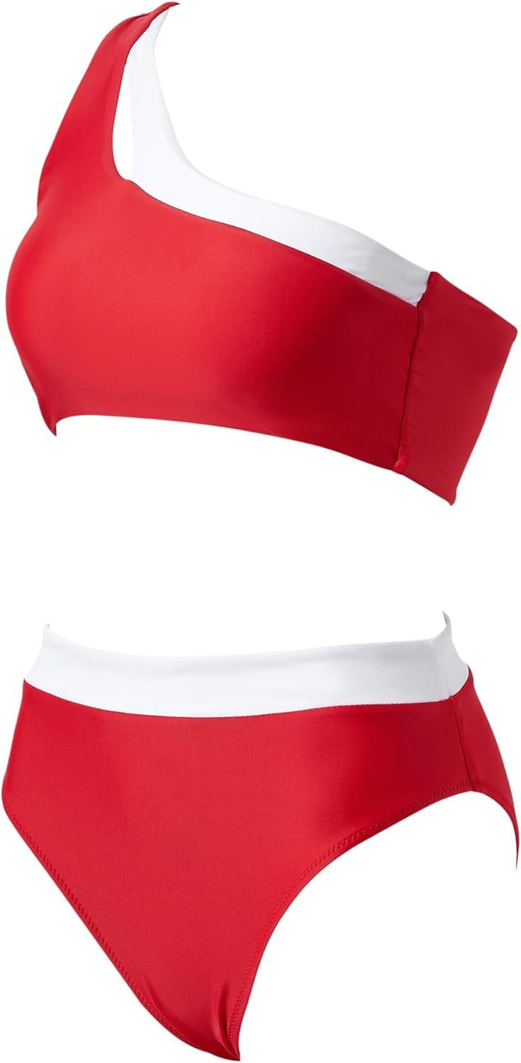 imageMOOSLOVER Women Cutout One Shoulder High Waisted Bikini High Cut Two Piece SwimsuitsRed White21